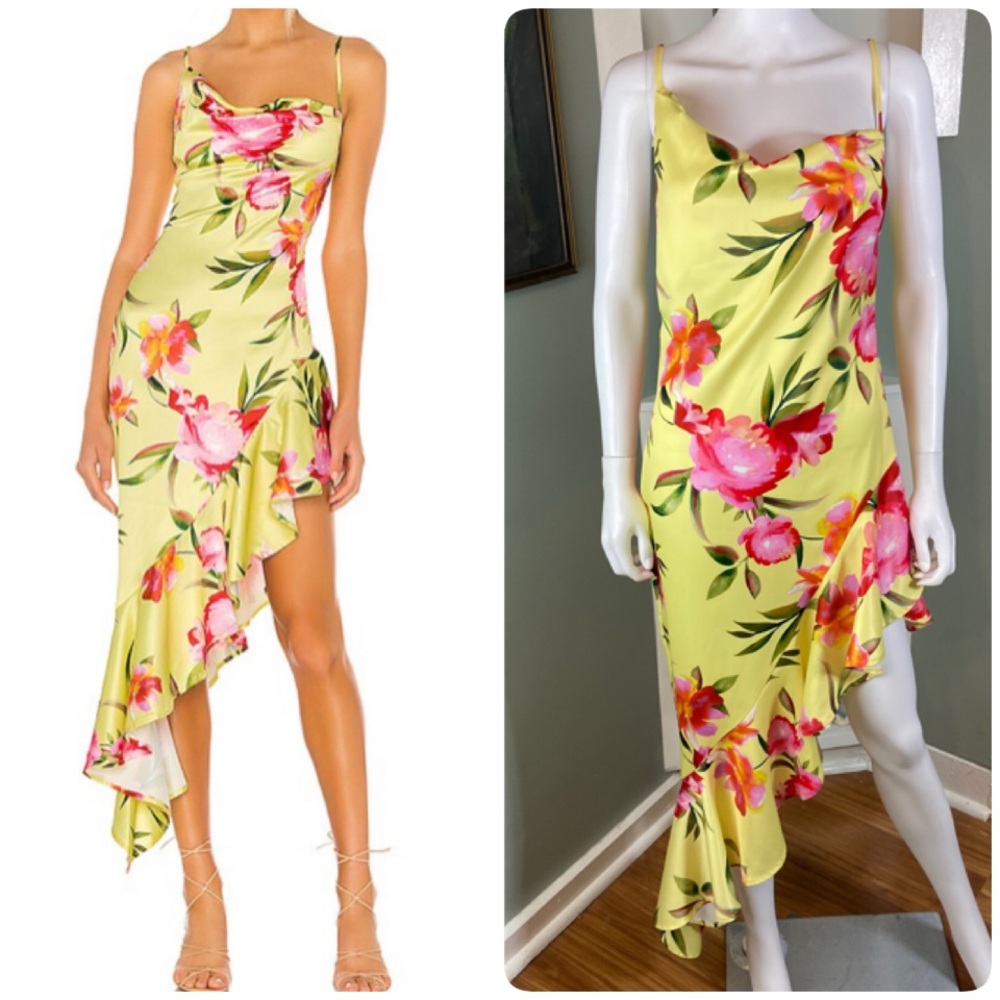 NBD Kaz Floral Yellow Watercolor Asymmetrical Satin Slip Dress Small S Ruffle